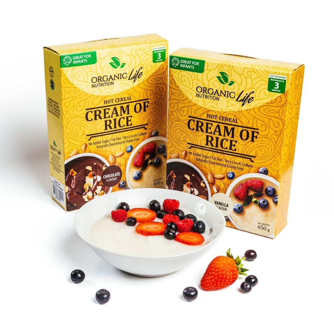 Finished retail-ready cereal boxes with a served bowl of hot cereal